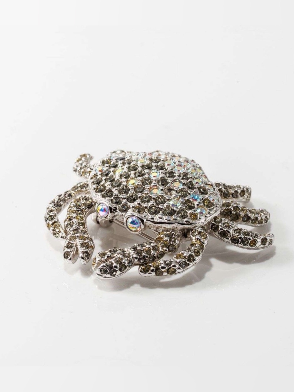 Vintage Swarovski Crystal Crab Brooch Pin Silver Tone AB Rhinestone Retired RARE